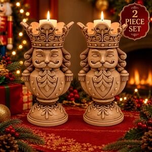 Holiday Time 9" Brown Polyresin Nutcracker Candle Holder Set – Christmas Decor